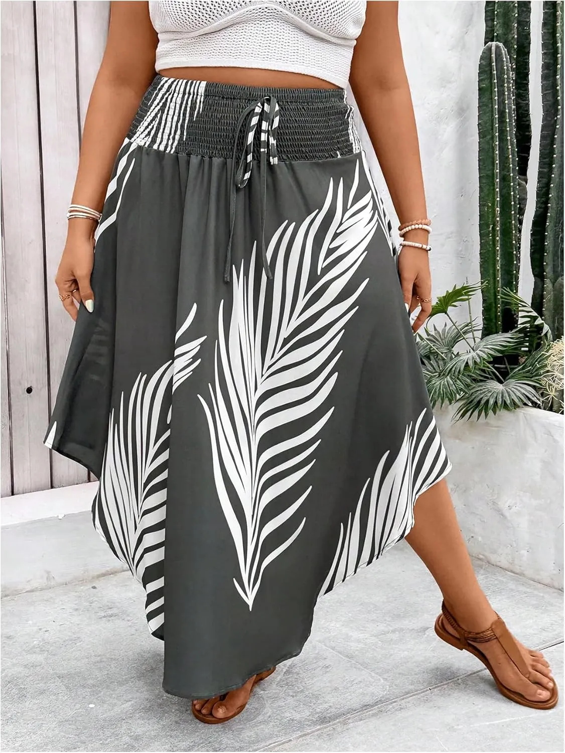 SOLY HUX Women's Plus Size Skirt Leaf Print Shirred Tie Front High Waist A Line Summer Long Skirts