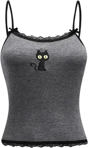 SOLY HUX Women's Y2k Lace Striped Cami Crop Tops Spaghetti Strap Cat Embroidery Camisole