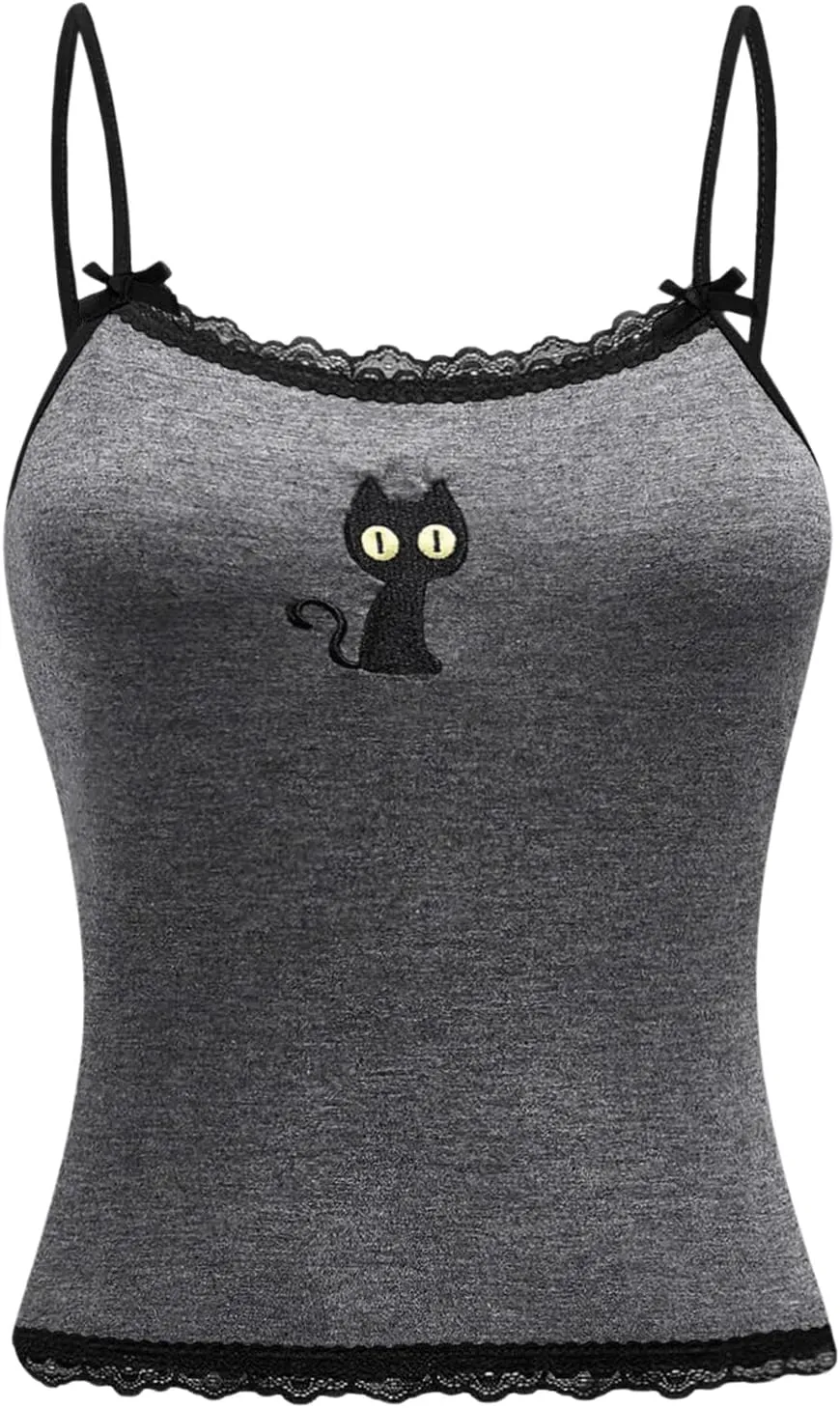 SOLY HUX Women's Y2k Lace Striped Cami Crop Tops Spaghetti Strap Cat Embroidery Camisole