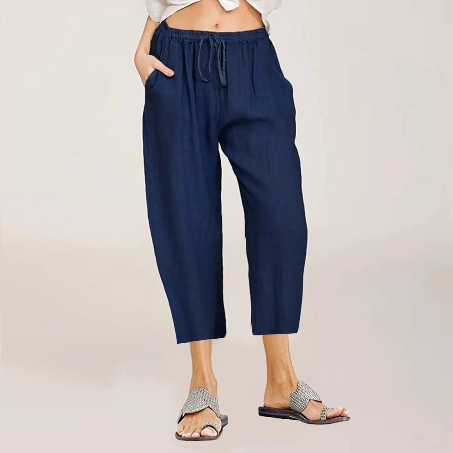 Straight Capris for Women with Pockets Stretch Elastic High Waist Drawstring Trousers Breathable Fashion Beach 2024