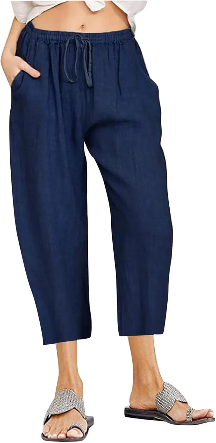 Straight Capris for Women with Pockets Stretch Elastic High Waist Drawstring Trousers Breathable Fashion Beach 2024