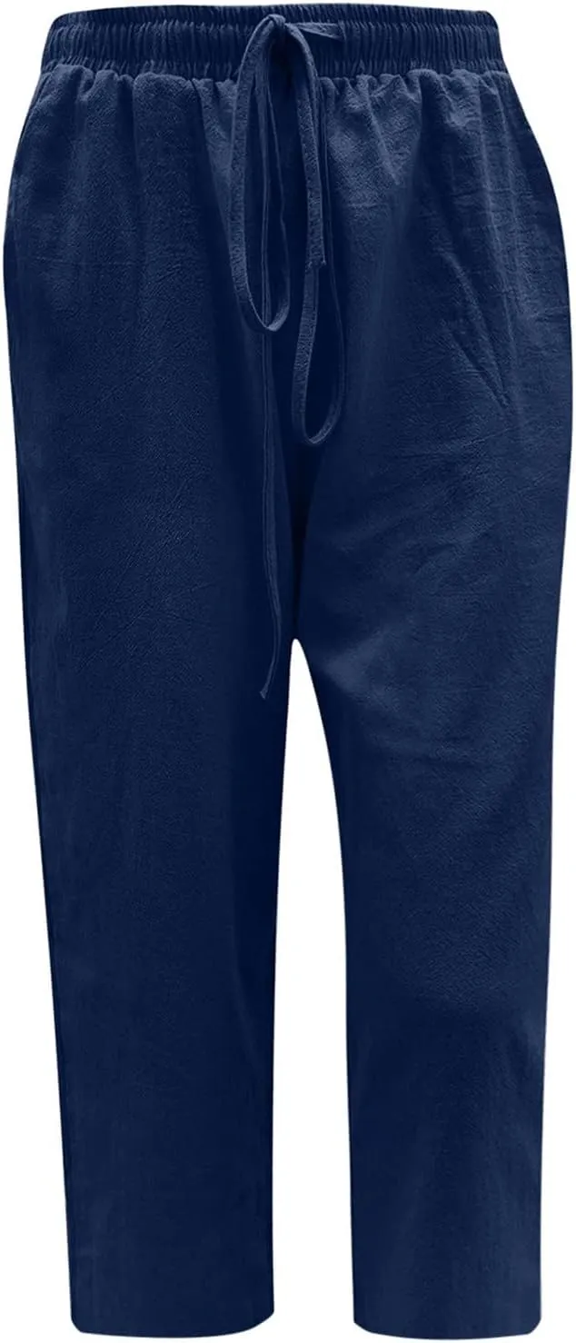 Straight Capris for Women with Pockets Stretch Elastic High Waist Drawstring Trousers Breathable Fashion Beach 2024