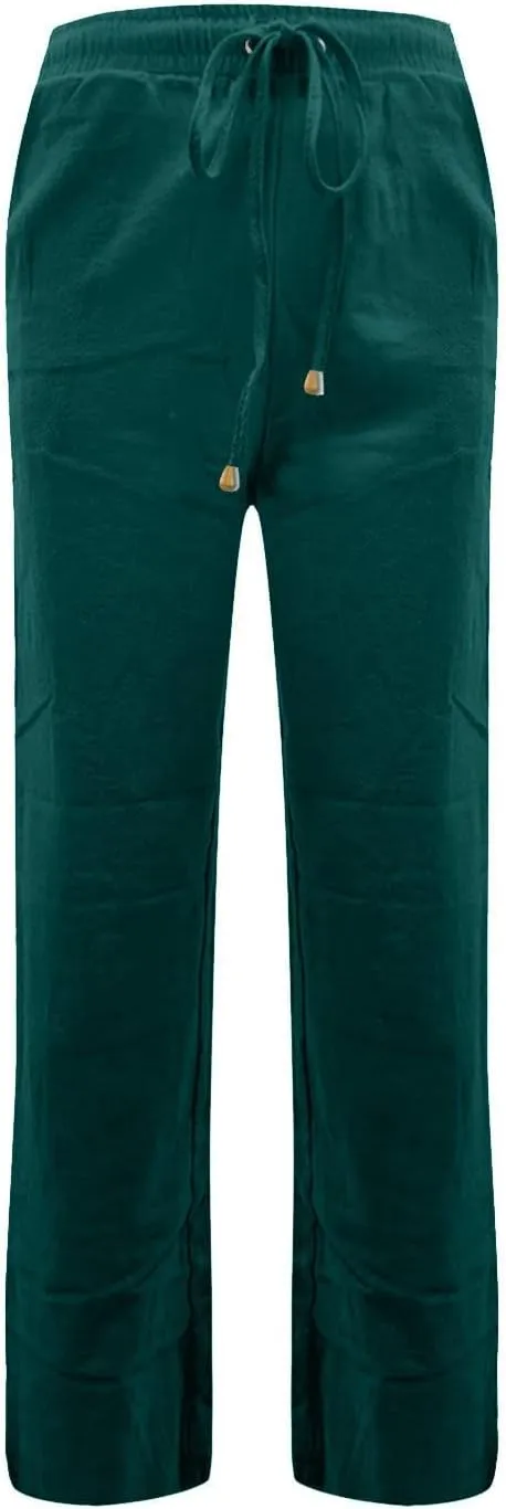 Straight Leg Linen Pants Women Drawstring Elastic High Waisted Pants Casual Lightweight Summer Pants Linen Trousers