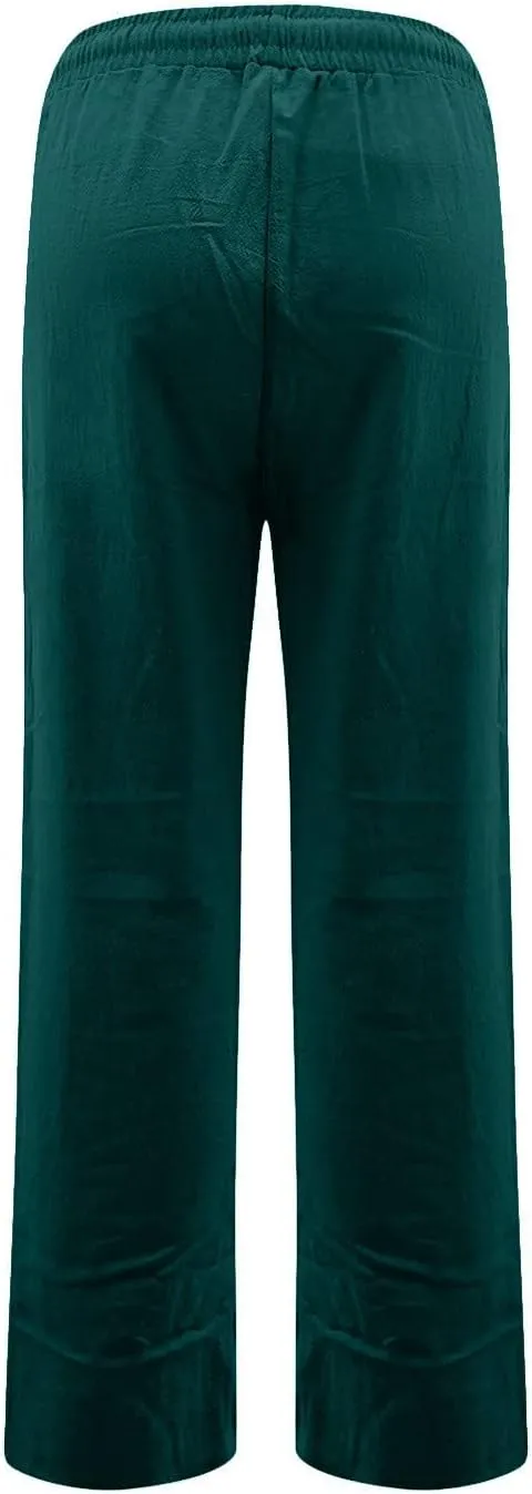 Straight Leg Linen Pants Women Drawstring Elastic High Waisted Pants Casual Lightweight Summer Pants Linen Trousers