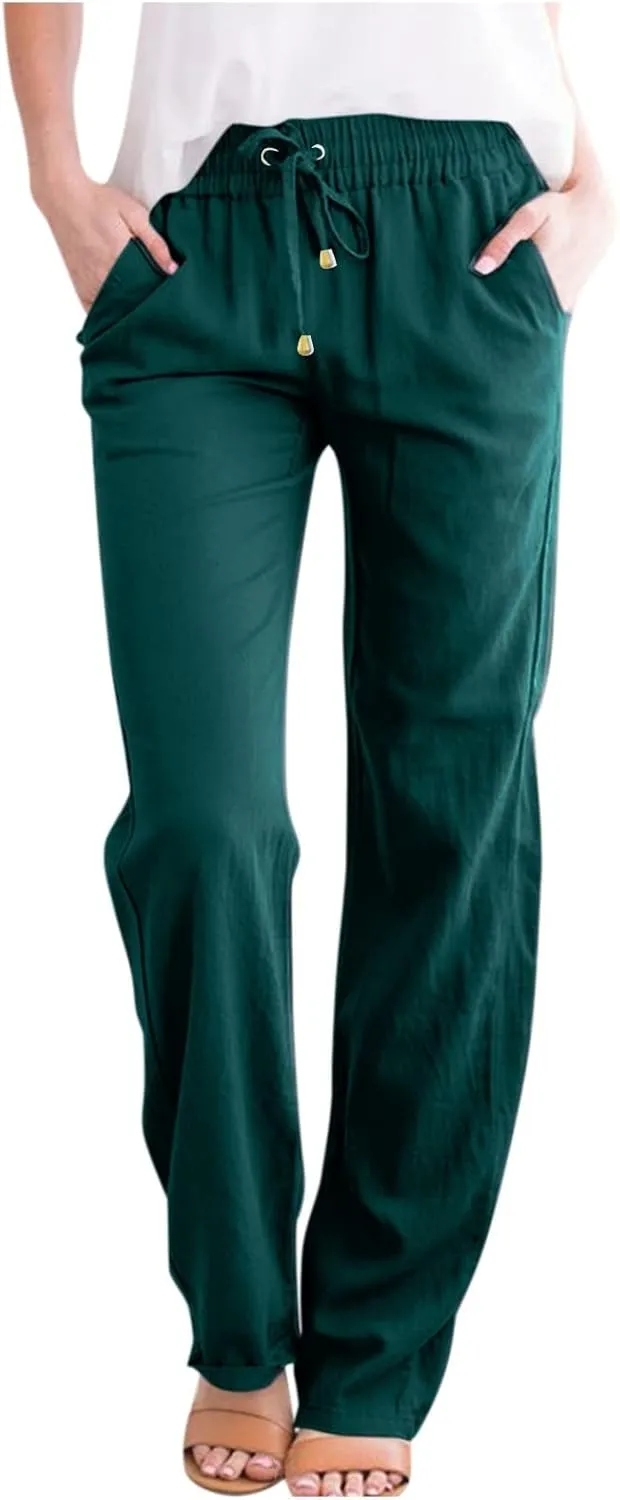 Straight Leg Linen Pants Women Drawstring Elastic High Waisted Pants Casual Lightweight Summer Pants Linen Trousers