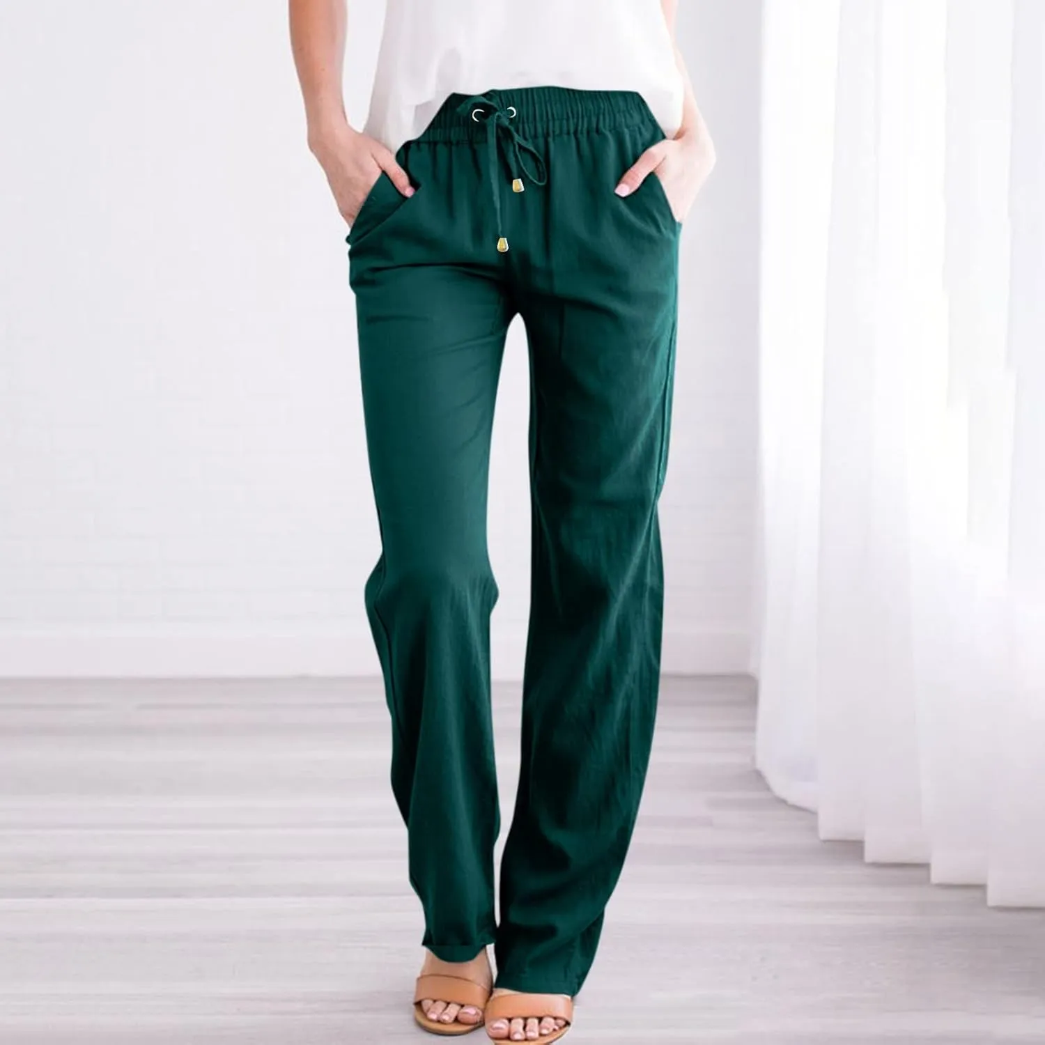 Straight Leg Linen Pants Women Drawstring Elastic High Waisted Pants Casual Lightweight Summer Pants Linen Trousers