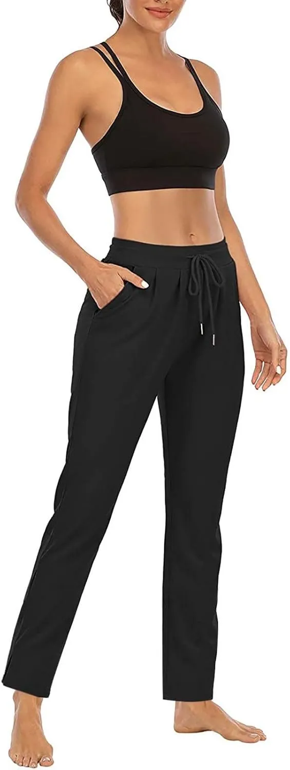 Straight Leg Pants for Women Casual Elastic Waist Drawstring Yoga Pants with Pockets Workout Running Sweatpants