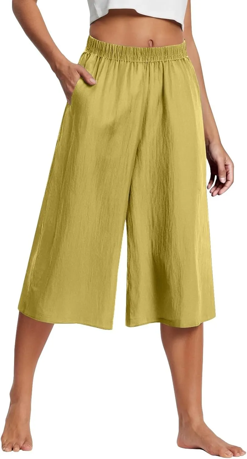 Summer Pants for Women 2025 Plus Size Cotton Linen Pants Loose Fit High Waisted Wide Leg Cropped Pants with Pockets