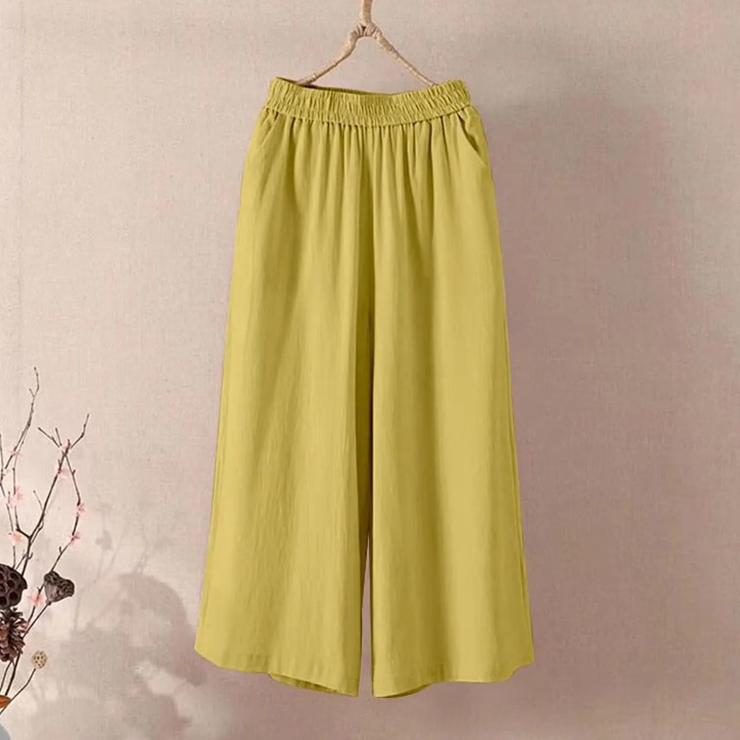 Summer Pants for Women 2025 Plus Size Cotton Linen Pants Loose Fit High Waisted Wide Leg Cropped Pants with Pockets