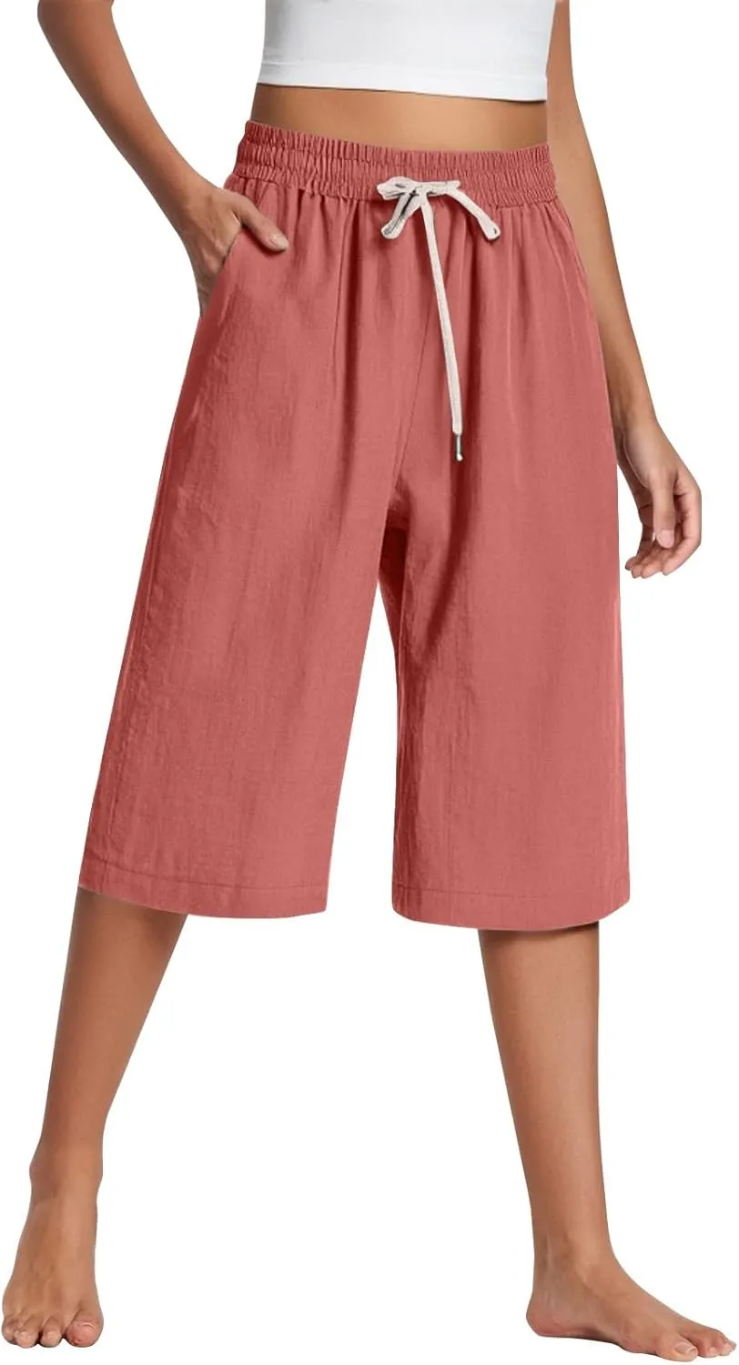 Summer Pants for Women 2025 Plus Size Cotton Linen Pants Loose Fit High Waisted Wide Leg Cropped Pants with Pockets