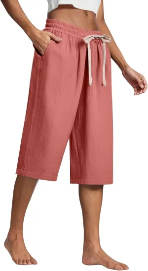 Summer Pants for Women 2025 Plus Size Cotton Linen Pants Loose Fit High Waisted Wide Leg Cropped Pants with Pockets