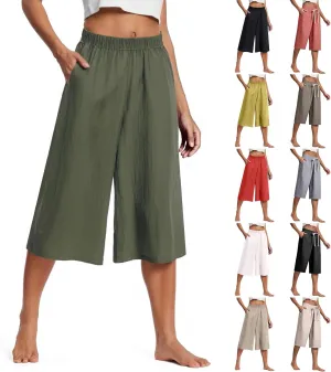 Summer Pants for Women 2025 Plus Size Cotton Linen Pants Loose Fit High Waisted Wide Leg Cropped Pants with Pockets