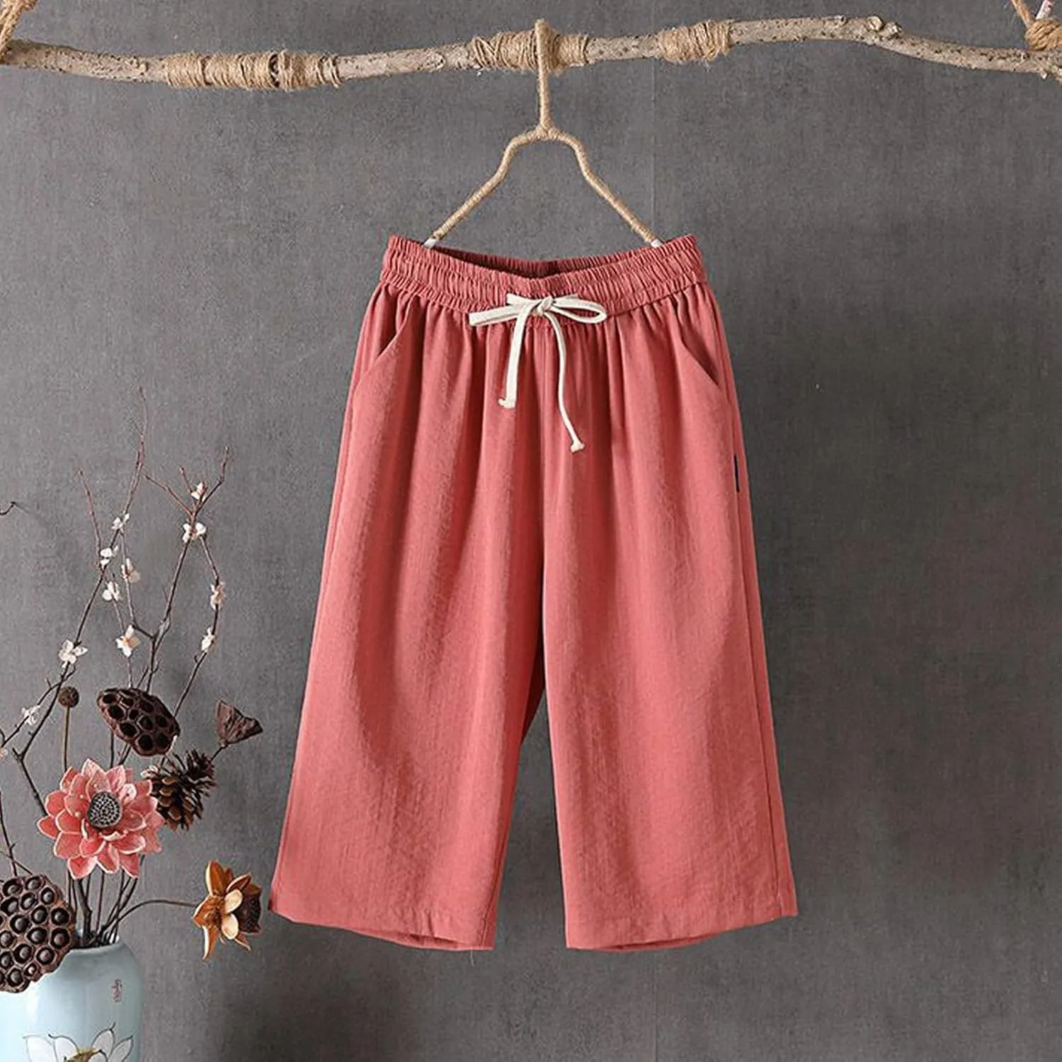 Summer Pants for Women 2025 Plus Size Cotton Linen Pants Loose Fit High Waisted Wide Leg Cropped Pants with Pockets