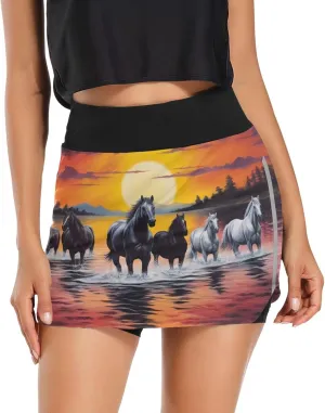 Sunset Horses Tennis Skorts Skirts for Women Workout Athletic Skirt High Waisted with Pocket