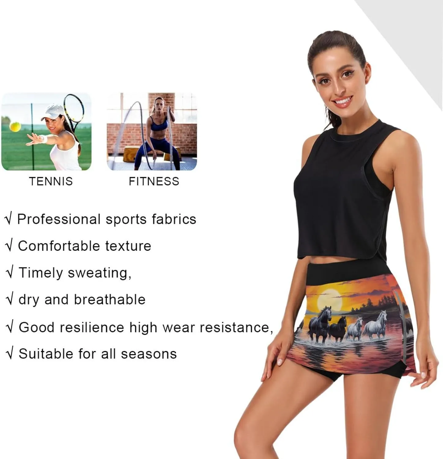 Sunset Horses Tennis Skorts Skirts for Women Workout Athletic Skirt High Waisted with Pocket