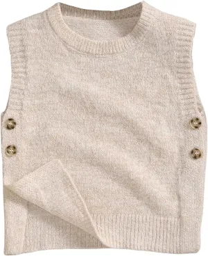 SweatyRocks Girl's Button Split Side Sweater Vest Crew Neck Sleeveless Knit Vest Tops