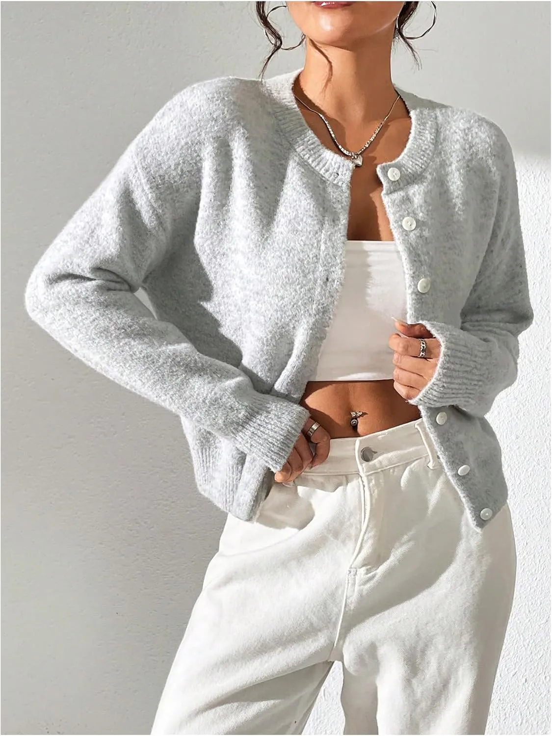 SweatyRocks Women's Button Up Crew Neck Cardigan Long Sleeve Knitted Sweater Outwear