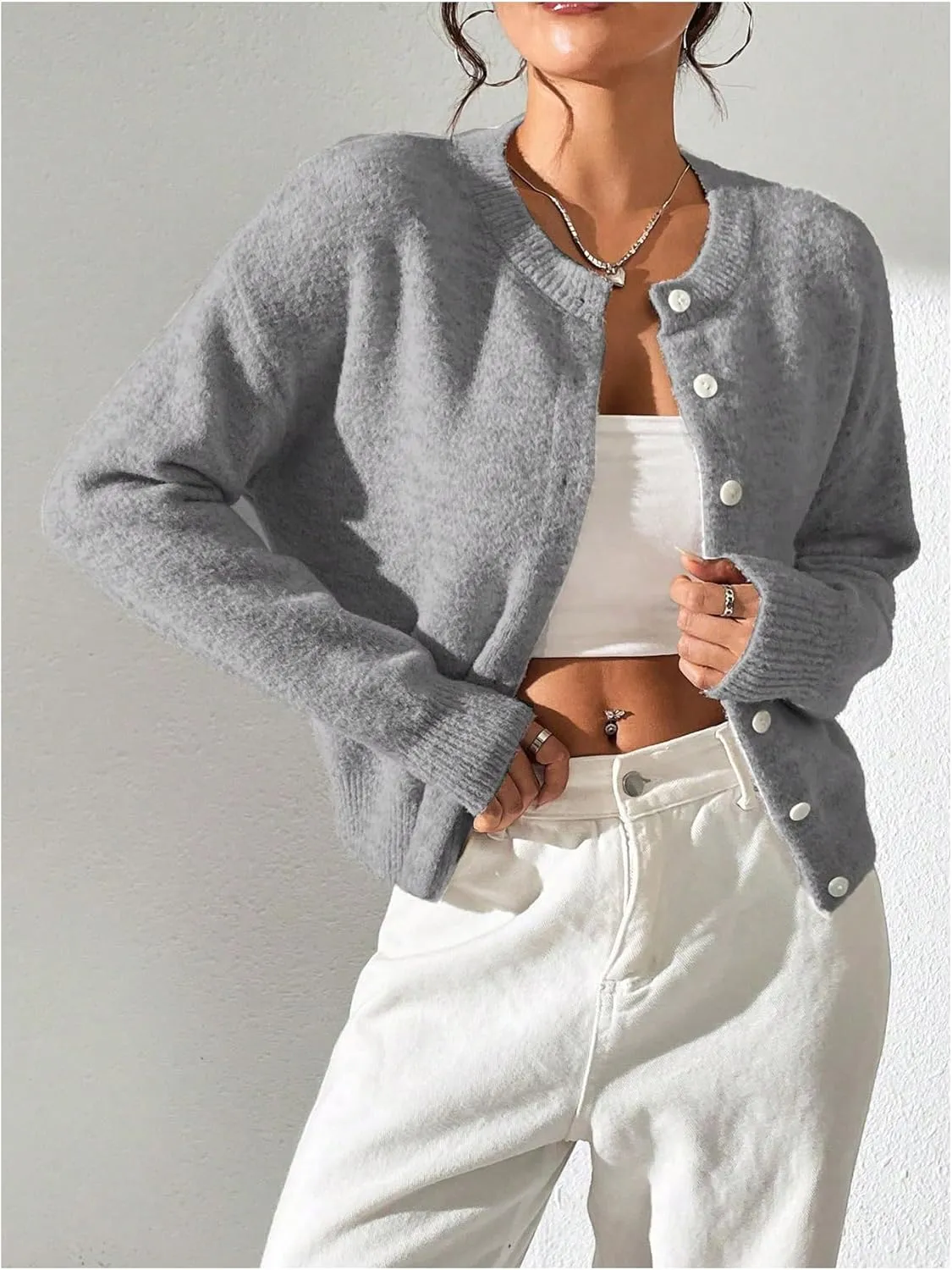 SweatyRocks Women's Button Up Crew Neck Cardigan Long Sleeve Knitted Sweater Outwear