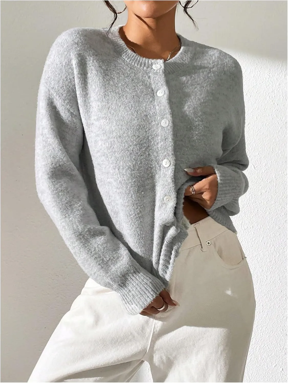 SweatyRocks Women's Button Up Crew Neck Cardigan Long Sleeve Knitted Sweater Outwear