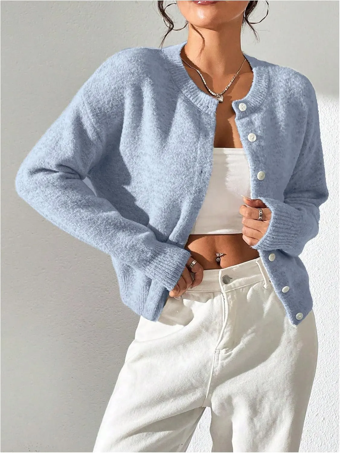 SweatyRocks Women's Button Up Crew Neck Cardigan Long Sleeve Knitted Sweater Outwear