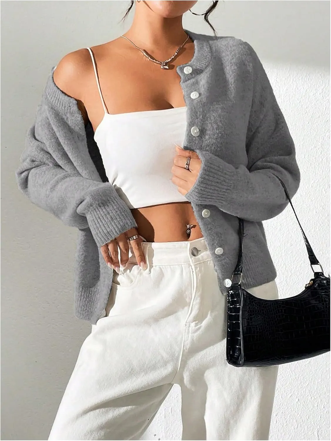 SweatyRocks Women's Button Up Crew Neck Cardigan Long Sleeve Knitted Sweater Outwear