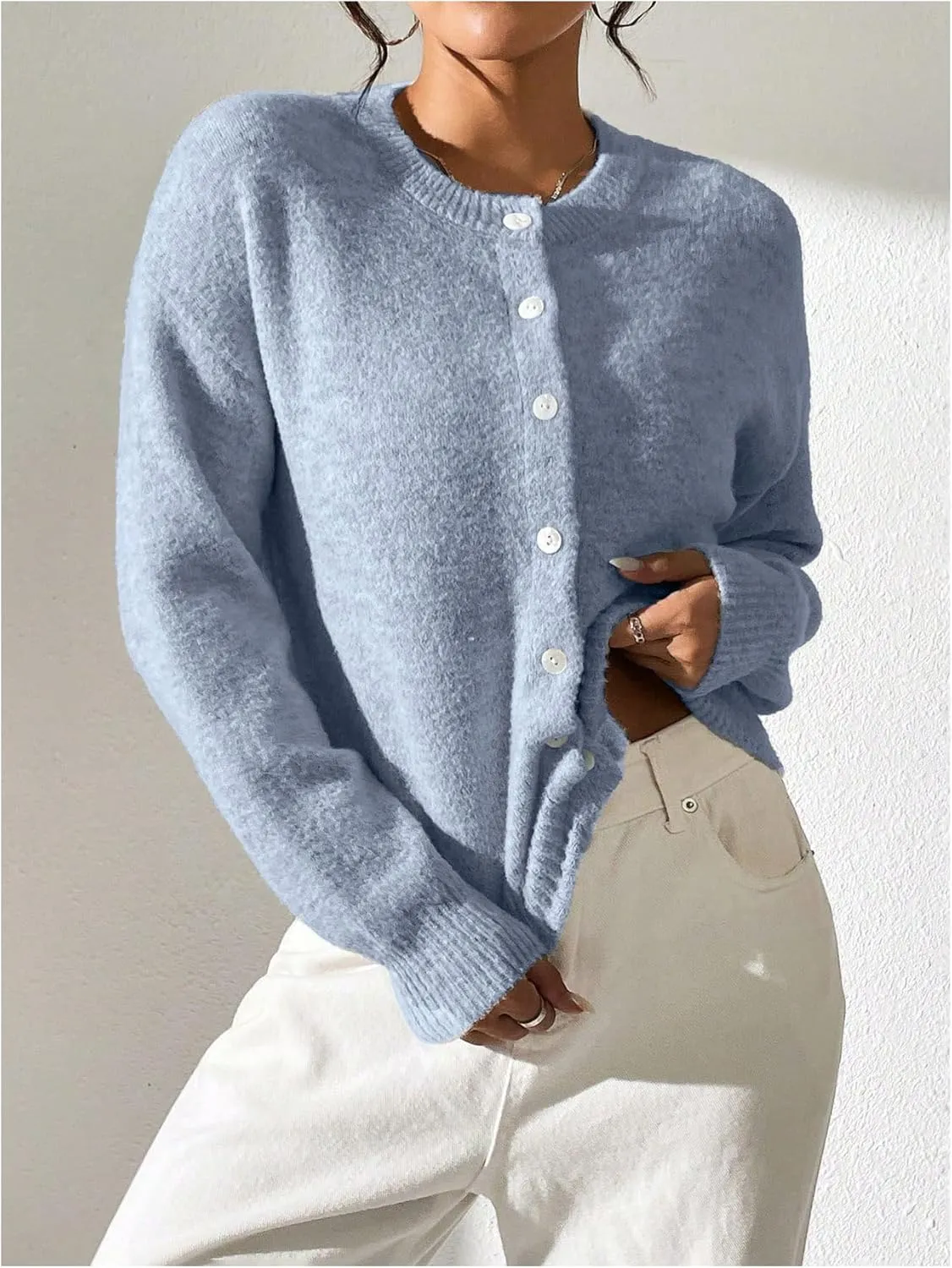 SweatyRocks Women's Button Up Crew Neck Cardigan Long Sleeve Knitted Sweater Outwear