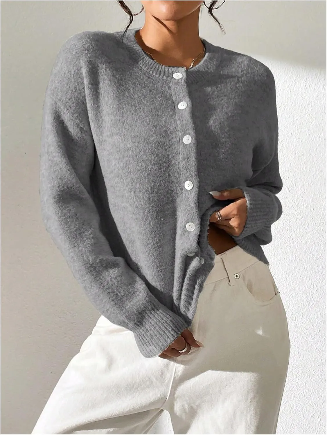 SweatyRocks Women's Button Up Crew Neck Cardigan Long Sleeve Knitted Sweater Outwear