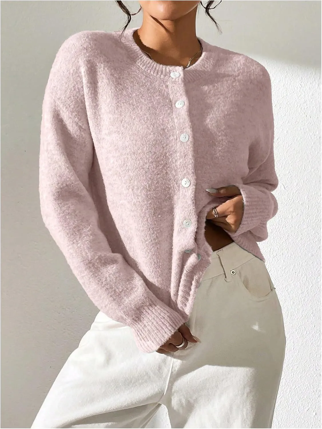 SweatyRocks Women's Button Up Crew Neck Cardigan Long Sleeve Knitted Sweater Outwear