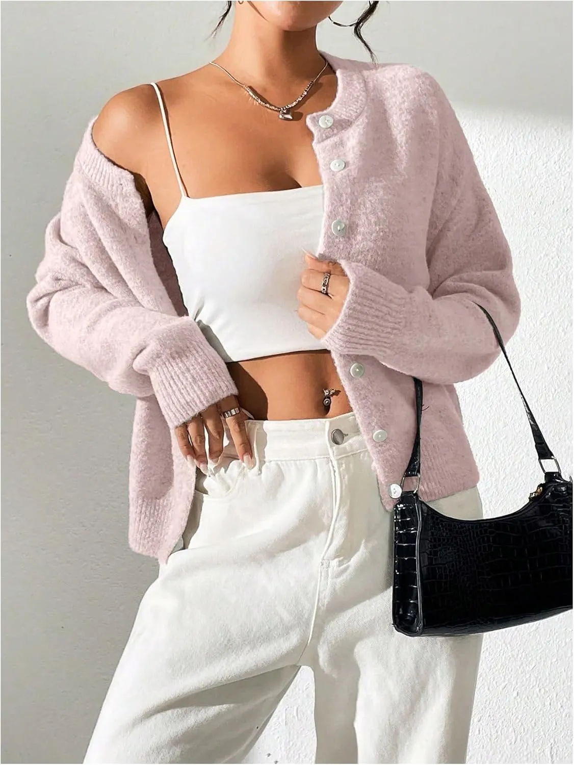 SweatyRocks Women's Button Up Crew Neck Cardigan Long Sleeve Knitted Sweater Outwear