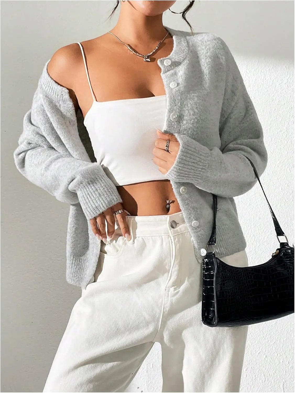 SweatyRocks Women's Button Up Crew Neck Cardigan Long Sleeve Knitted Sweater Outwear