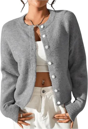 SweatyRocks Women's Button Up Crew Neck Cardigan Long Sleeve Knitted Sweater Outwear