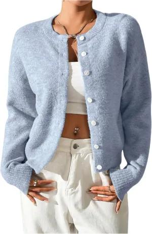 SweatyRocks Women's Button Up Crew Neck Cardigan Long Sleeve Knitted Sweater Outwear