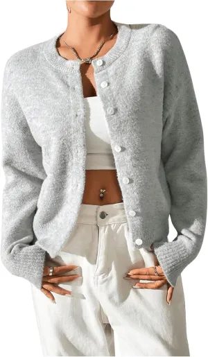 SweatyRocks Women's Button Up Crew Neck Cardigan Long Sleeve Knitted Sweater Outwear