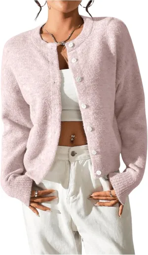 SweatyRocks Women's Button Up Crew Neck Cardigan Long Sleeve Knitted Sweater Outwear