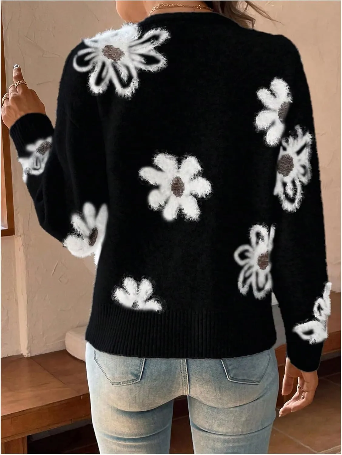 SweatyRocks Women's Floral Print Long Sleeve Button Down Cardigans Sweater Casual Drop Shoulder V Neck Outwear