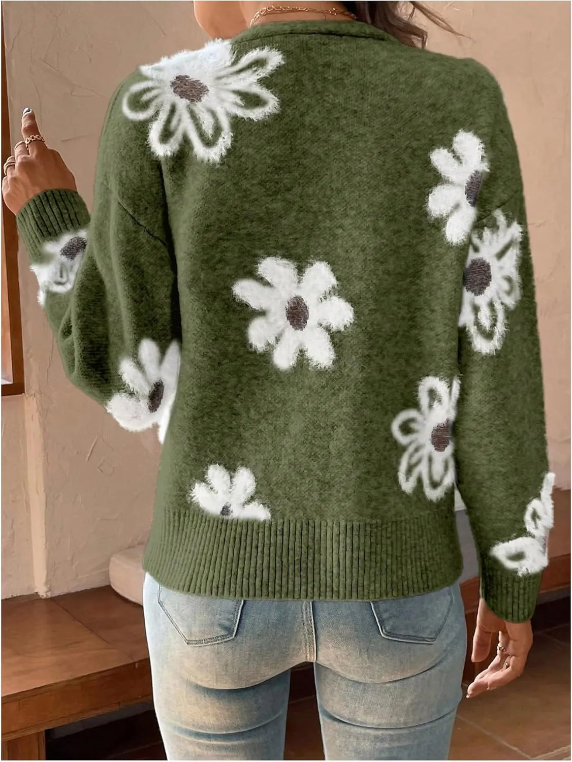 SweatyRocks Women's Floral Print Long Sleeve Button Down Cardigans Sweater Casual Drop Shoulder V Neck Outwear