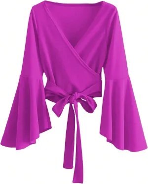 SweatyRocks Women's Long Sleeve V Neck Tie Knot Bandage Wrap Blouse Crop Top