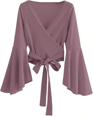 SweatyRocks Women's Long Sleeve V Neck Tie Knot Bandage Wrap Blouse Crop Top