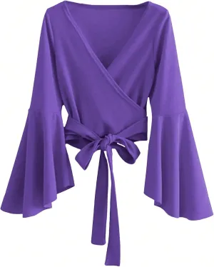SweatyRocks Women's Long Sleeve V Neck Tie Knot Bandage Wrap Blouse Crop Top
