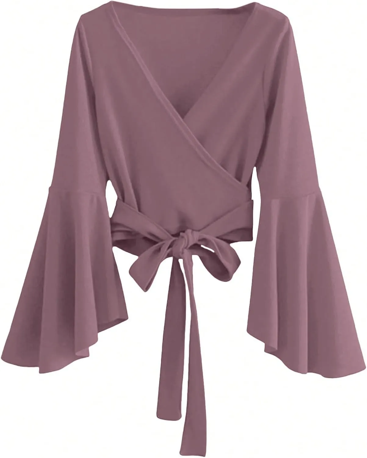 SweatyRocks Women's Long Sleeve V Neck Tie Knot Bandage Wrap Blouse Crop Top