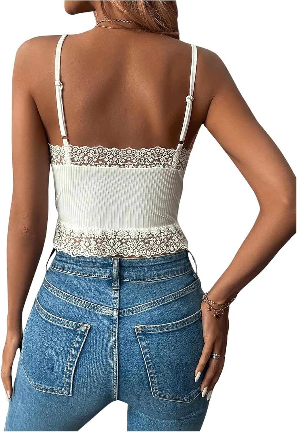 SweatyRocks Women's Tie Front Lace Camisole V Neck Sleeveless Fitted Crop Tops