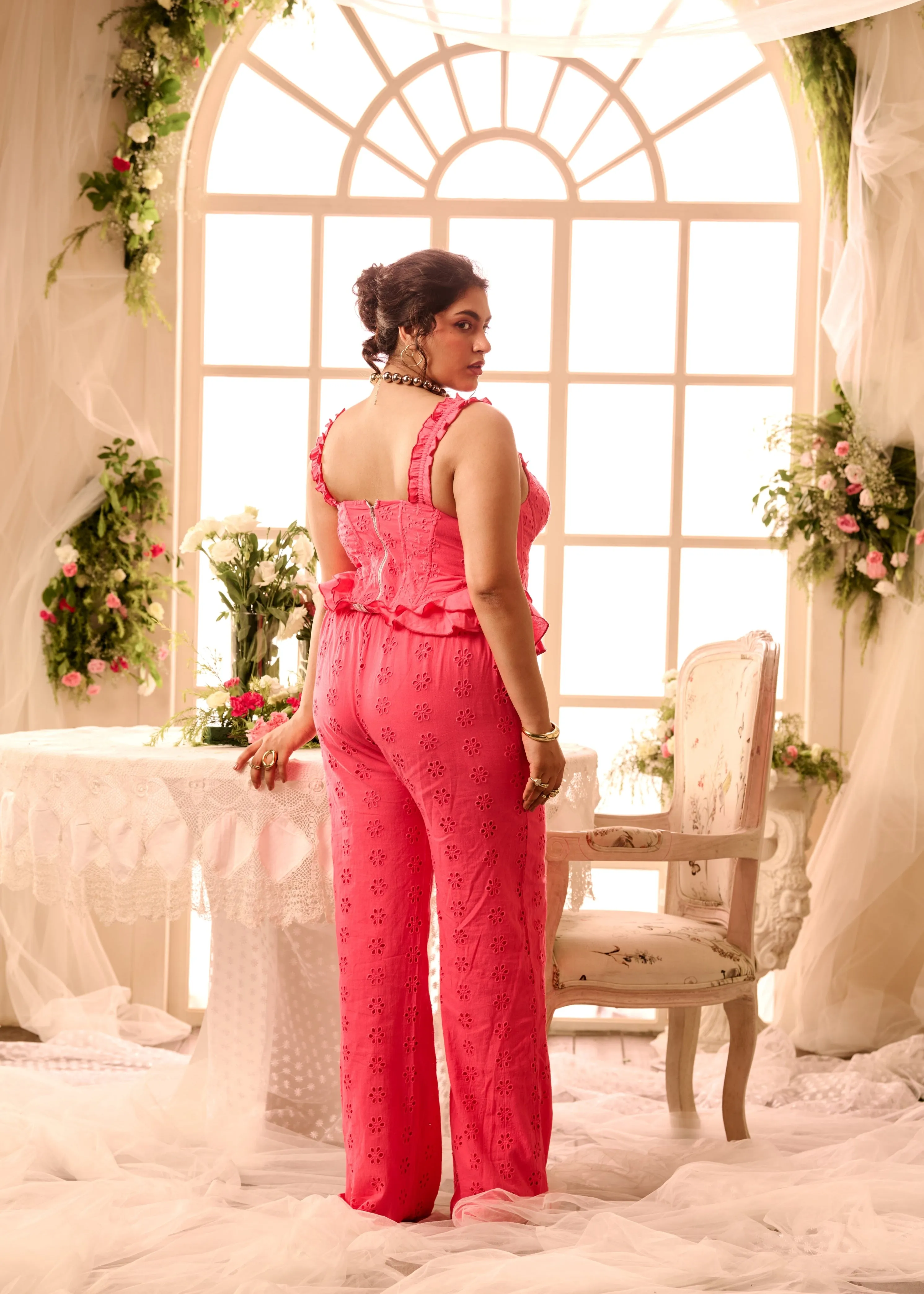 Taiga Pink Schiffli Corset   Pant Coord Set