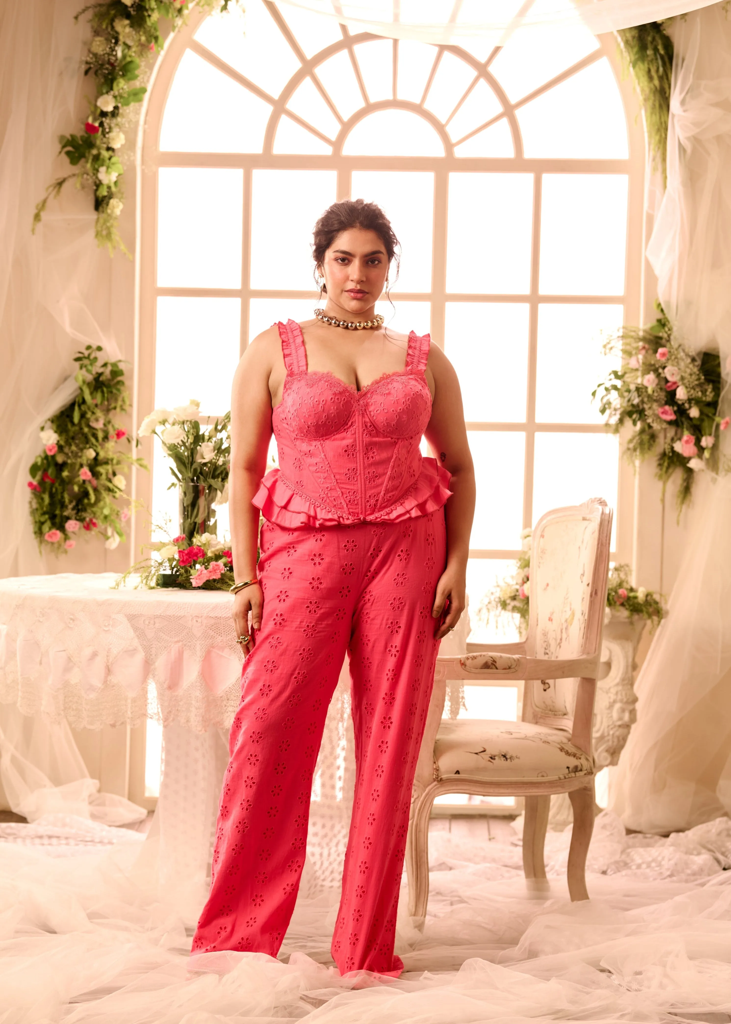 Taiga Pink Schiffli Corset   Pant Coord Set