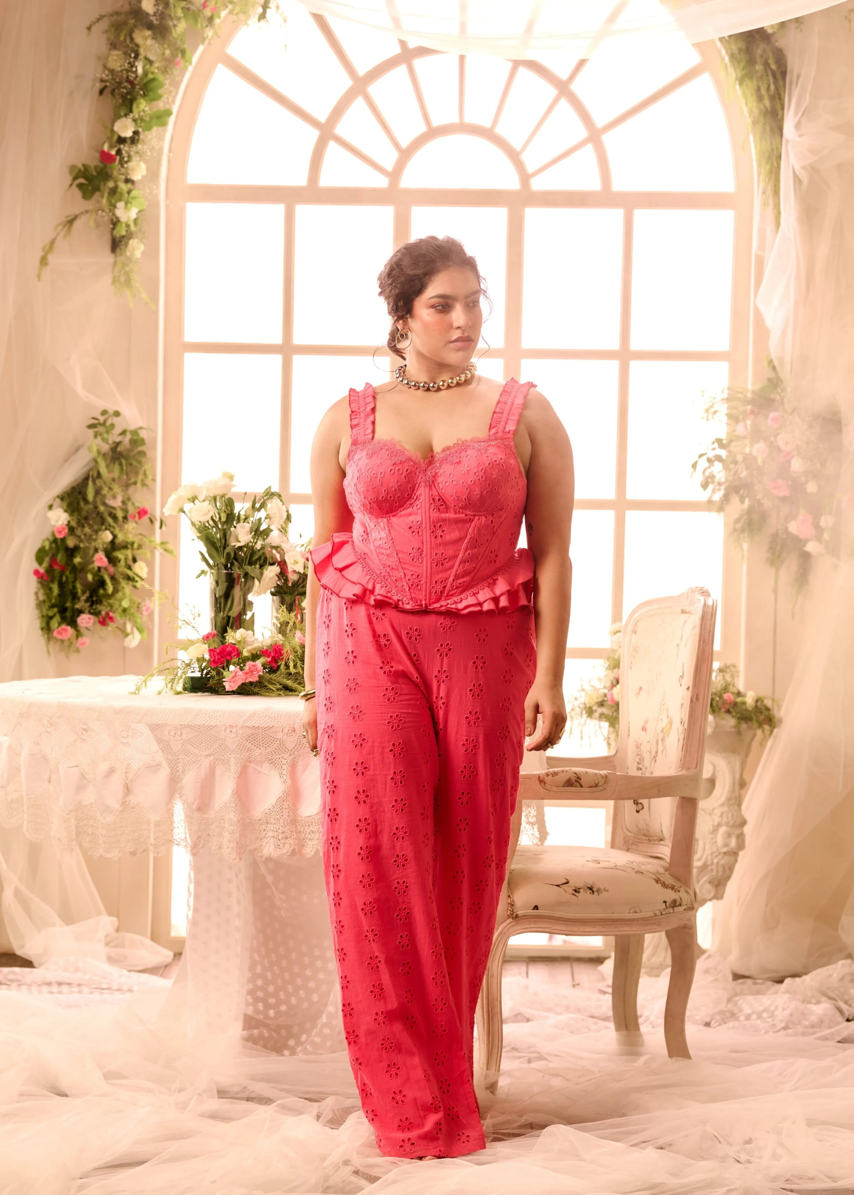 Taiga Pink Schiffli Corset   Pant Coord Set