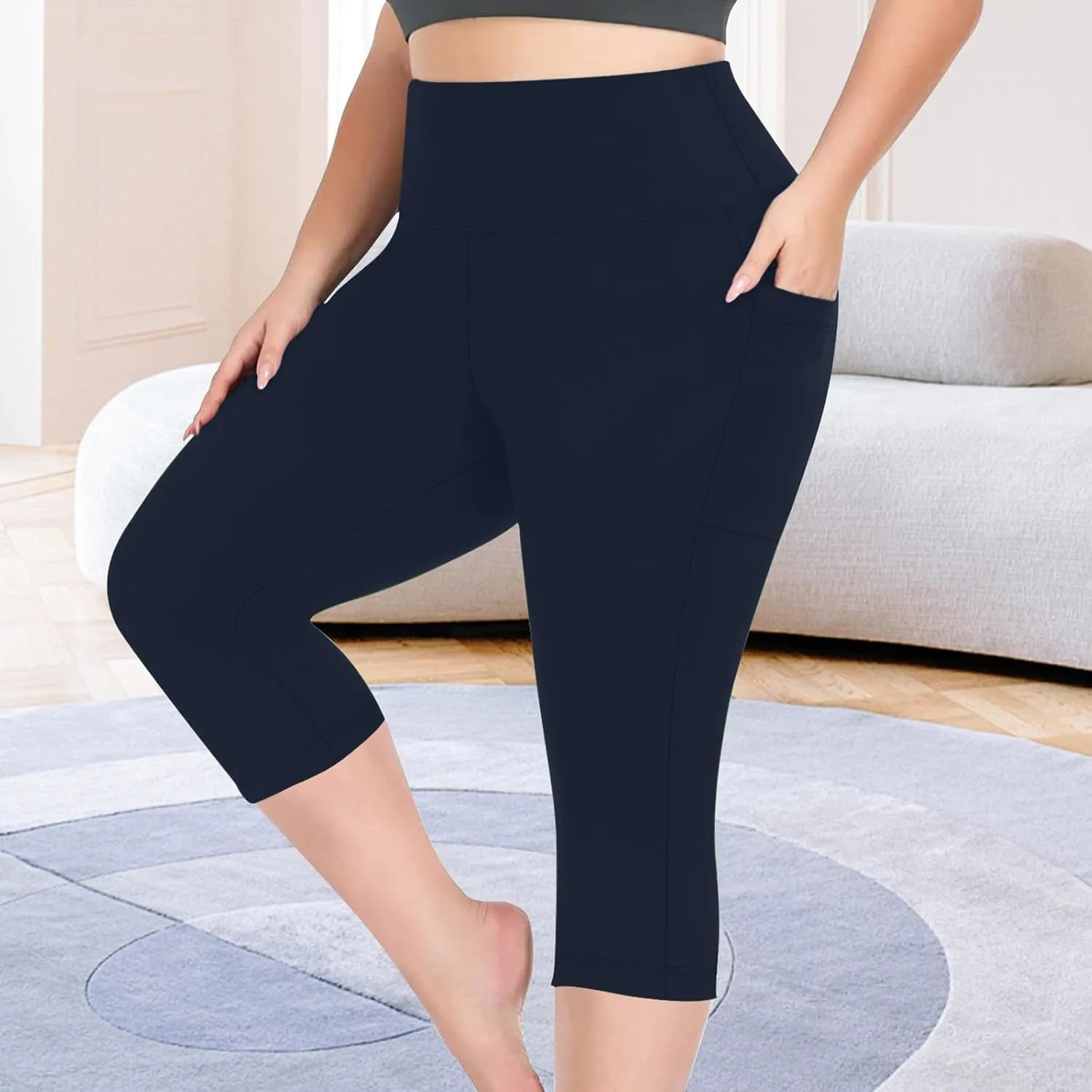 TANGNADE Women Yoga Capri Pants Plus Size Leggings Stretchy High Waist Workout Trouser Workout Pants with Pockets