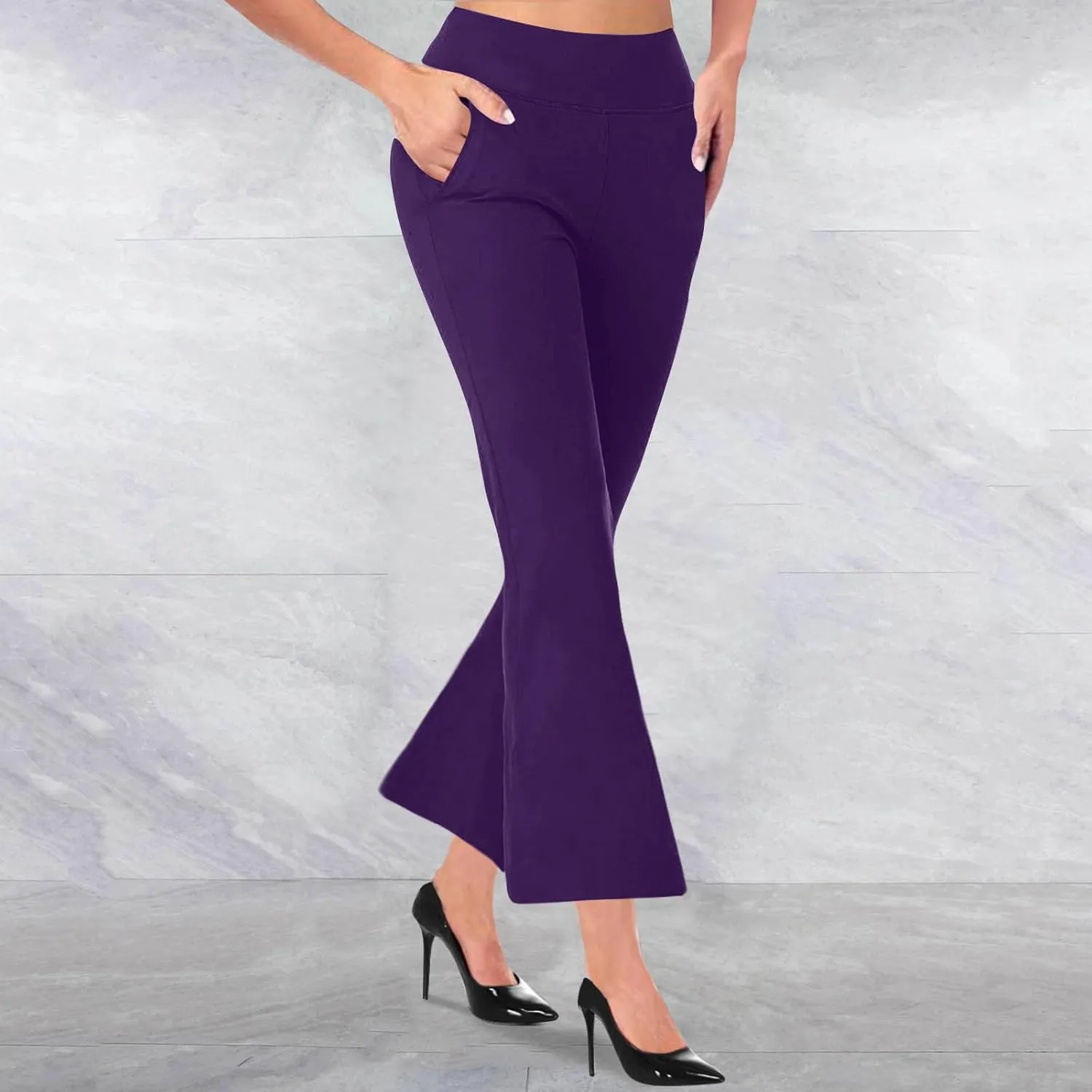 TANGNADE Women's Flare Cropped Work Pants Elastic High Waist Wide Leg Casual Slacks with Pocket Business Trousers