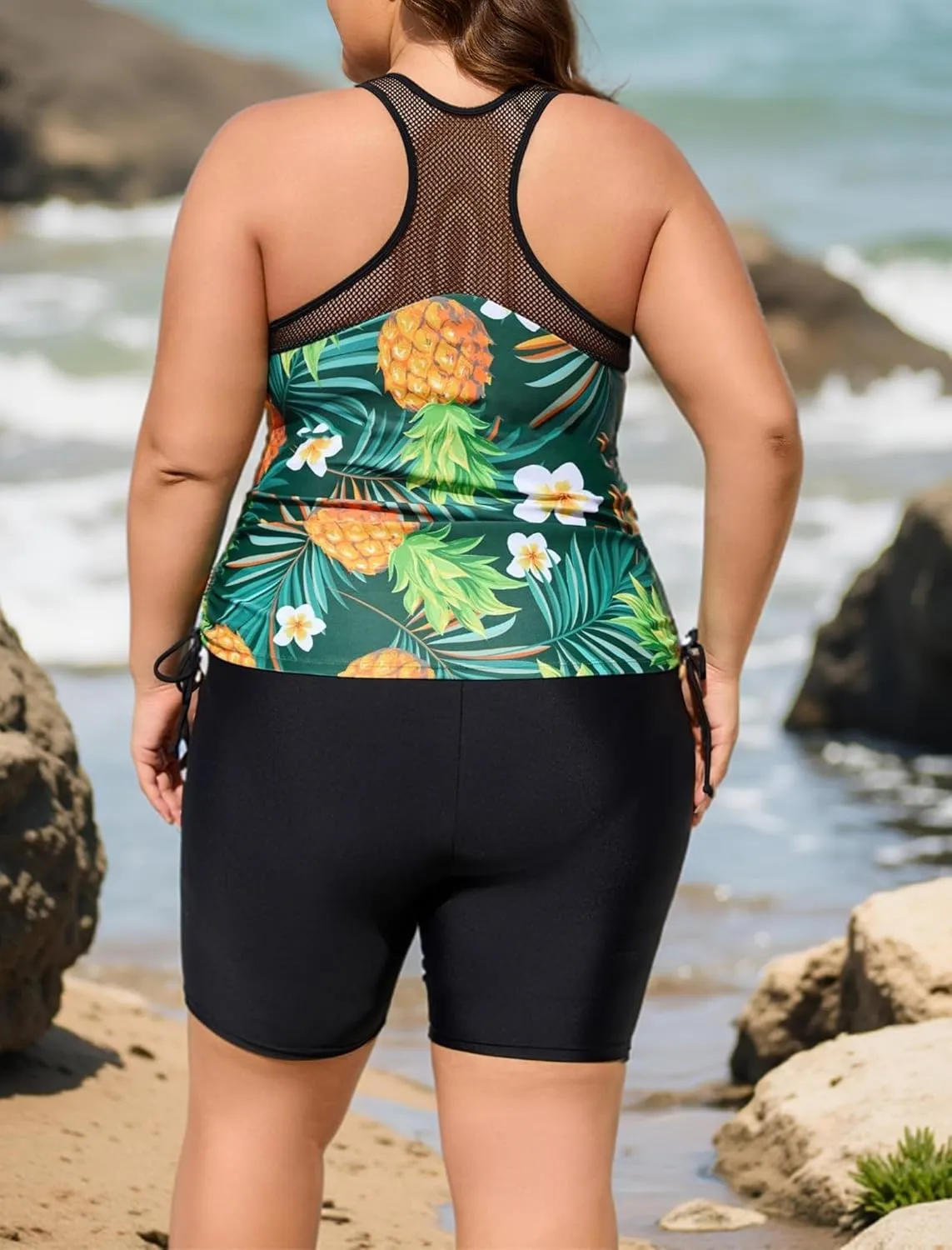 Theenkoln Womens Plus Size Tankini:Two Piece Bathing Suit Mesh Shoulder Strap Drawstring Tummy Control Swimwear with Shorts