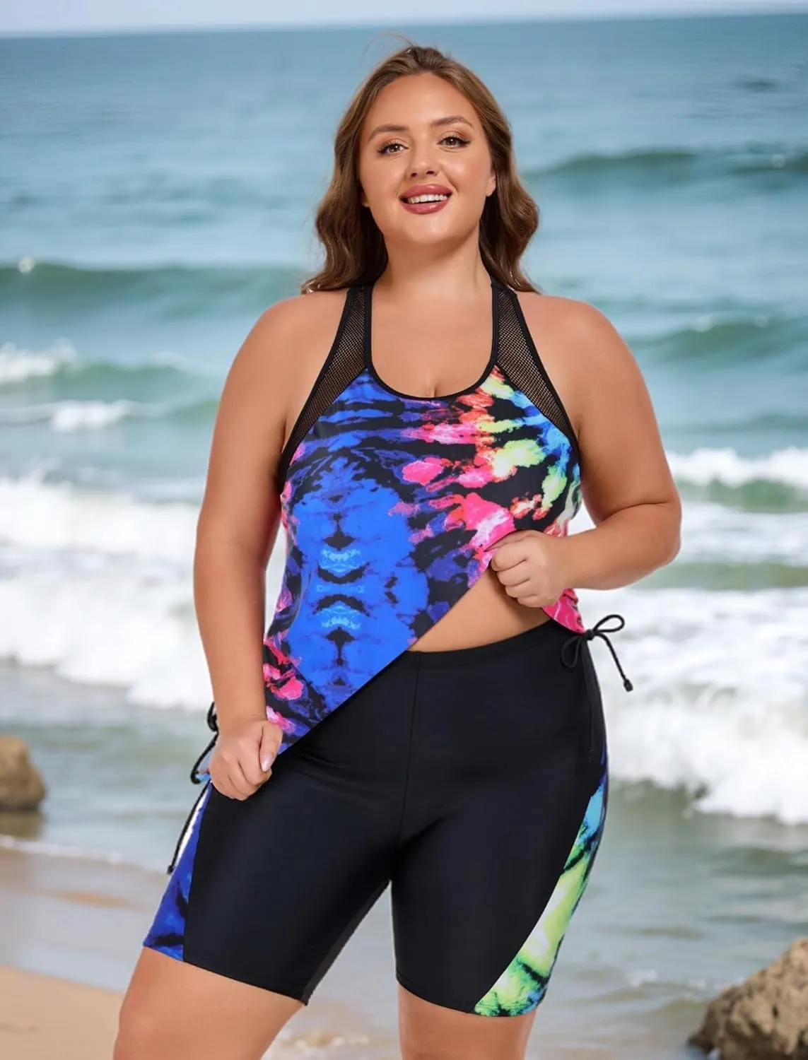 Theenkoln Womens Plus Size Tankini:Two Piece Bathing Suit Mesh Shoulder Strap Drawstring Tummy Control Swimwear with Shorts