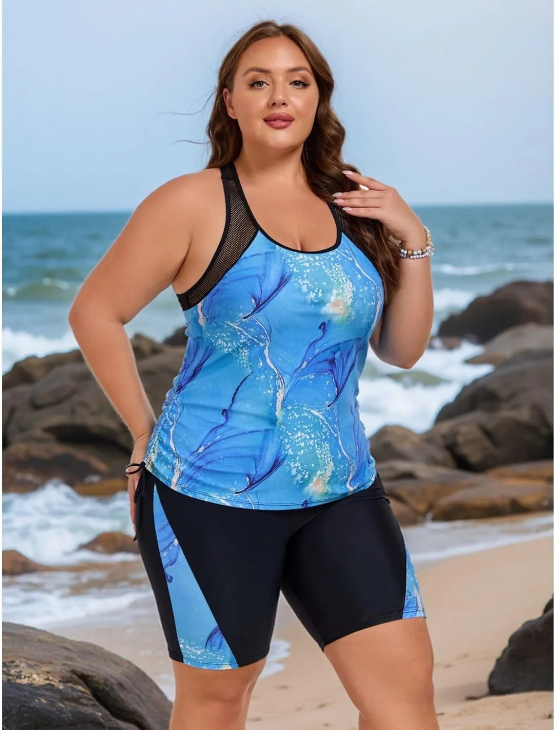 Theenkoln Womens Plus Size Tankini:Two Piece Bathing Suit Mesh Shoulder Strap Drawstring Tummy Control Swimwear with Shorts