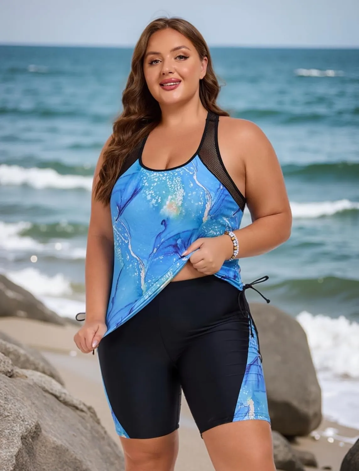 Theenkoln Womens Plus Size Tankini:Two Piece Bathing Suit Mesh Shoulder Strap Drawstring Tummy Control Swimwear with Shorts